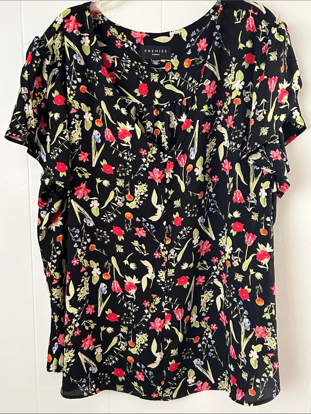 Premise Black Floral Button-Up Top with Red and Pink Blooms